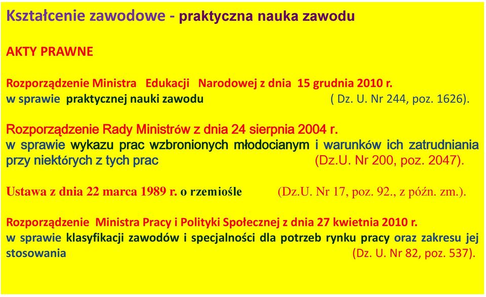 w sprawie wykazu prac wzbronionych młodocianym i warunków ich zatrudniania przy niektórych z tych prac (Dz.U. Nr 200, poz. 2047). Ustawa z dnia 22 marca 1989 r.