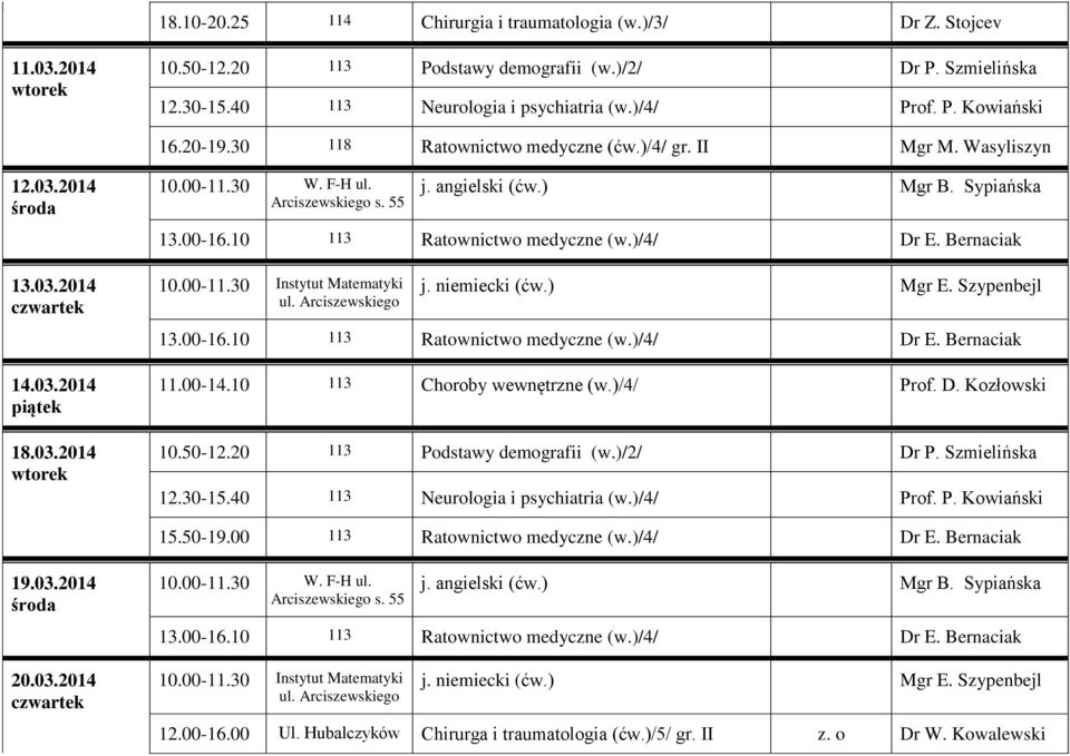 00-14.10 113 Choroby wewnętrzne (w.)/4/ Prof. D. Kozłowski 10.50-12.20 113 Podstawy demografii (w.)/2/ Dr P. Szmielińska 12.30-15.40 113 Neurologia i psychiatria (w.)/4/ Prof. P. Kowiański 15.50-19.