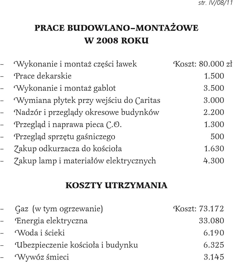 200 Przegląd i naprawa pieca C.O. 1.300 Przegląd sprzętu gaśniczego 500 Zakup odkurzacza do kościoła 1.