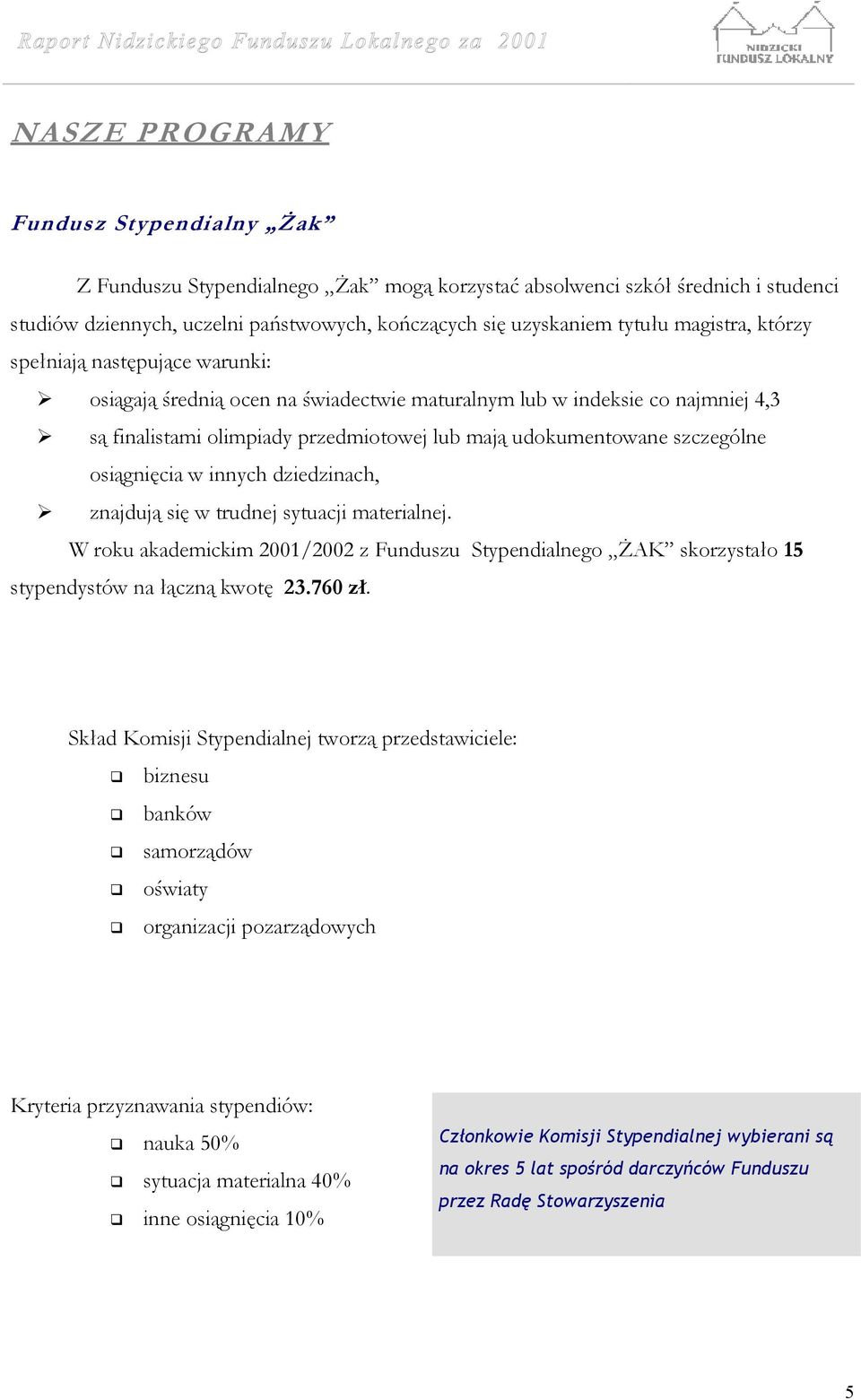 szczególne osiągnięcia w innych dziedzinach, znajdują się w trudnej sytuacji materialnej. W roku akademickim 2001/2002 z Funduszu Stypendialnego ŻAK skorzystało 15 stypendystów na łączną kwotę 23.