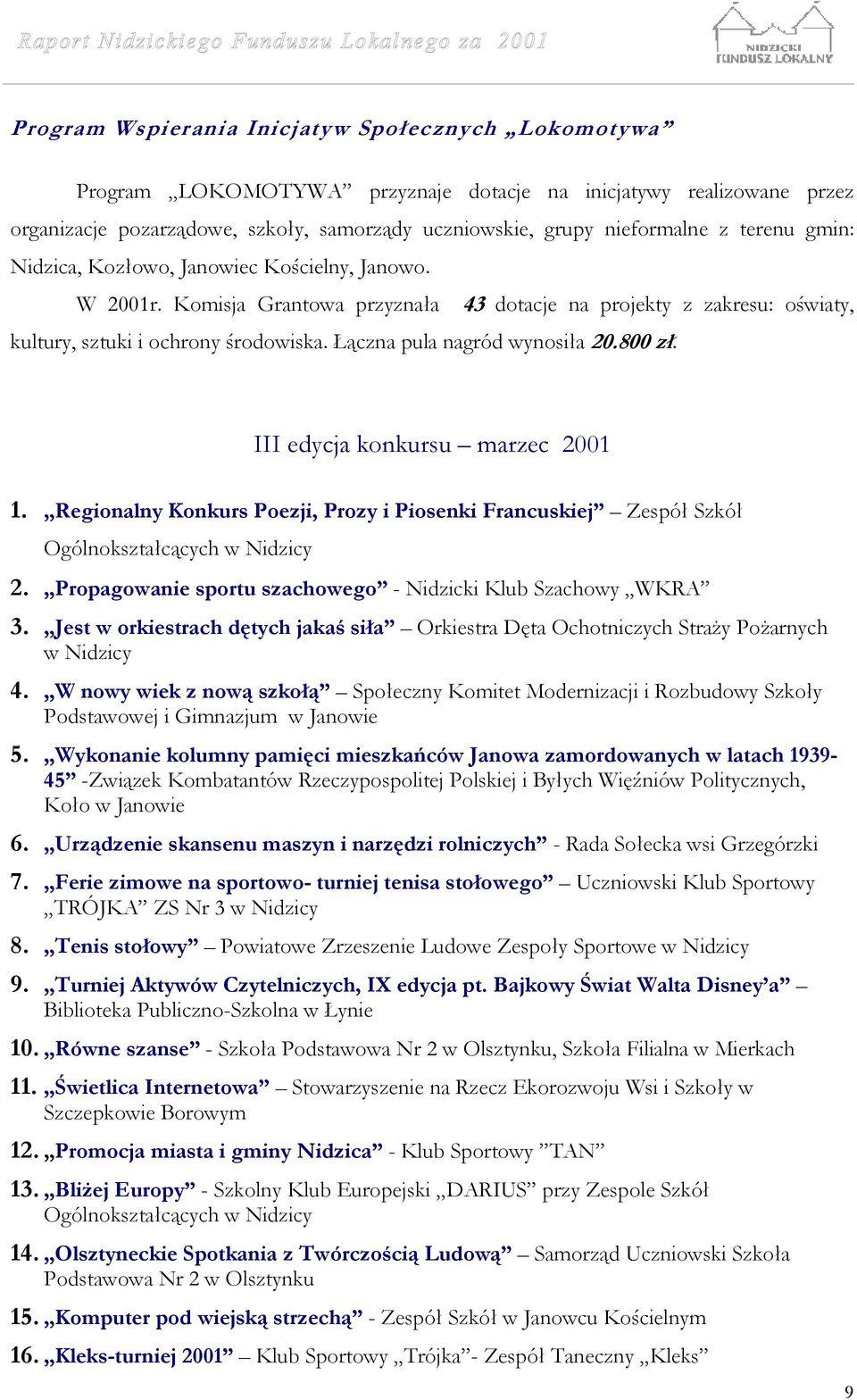 Łączna pula nagród wynosiła 20.800 zł. III edycja konkursu marzec 2001 1. Regionalny Konkurs Poezji, Prozy i Piosenki Francuskiej Zespół Szkół Ogólnokształcących w Nidzicy 2.