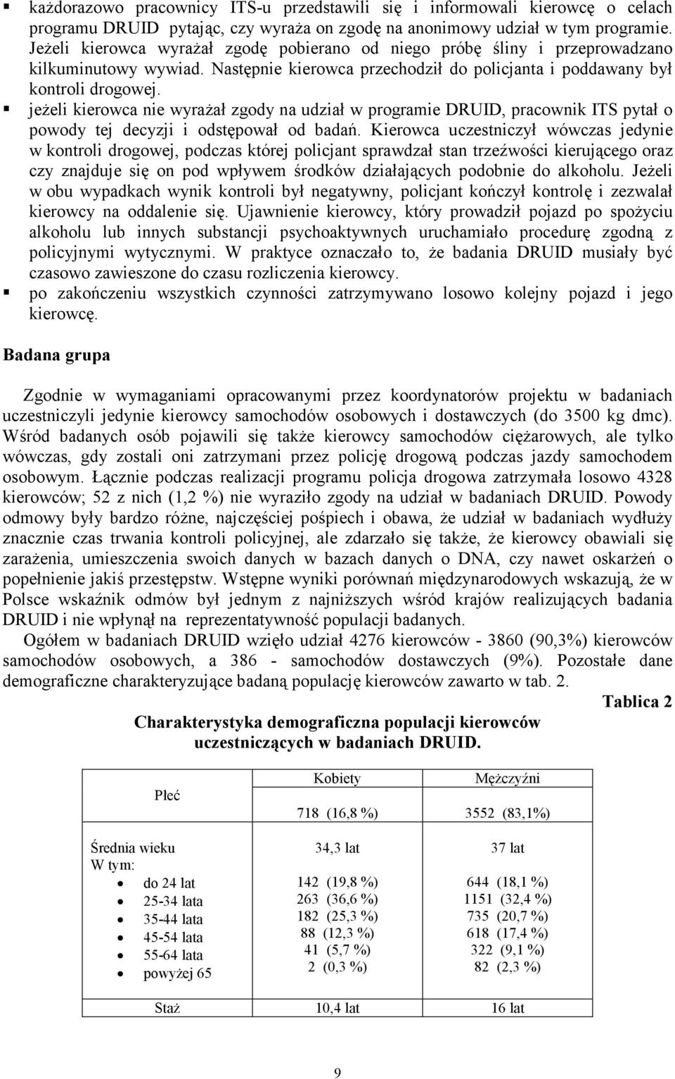 jeŝeli kierowca nie wyraŝał zgody na udział w programie DRUID, pracownik ITS pytał o powody tej decyzji i odstępował od badań.