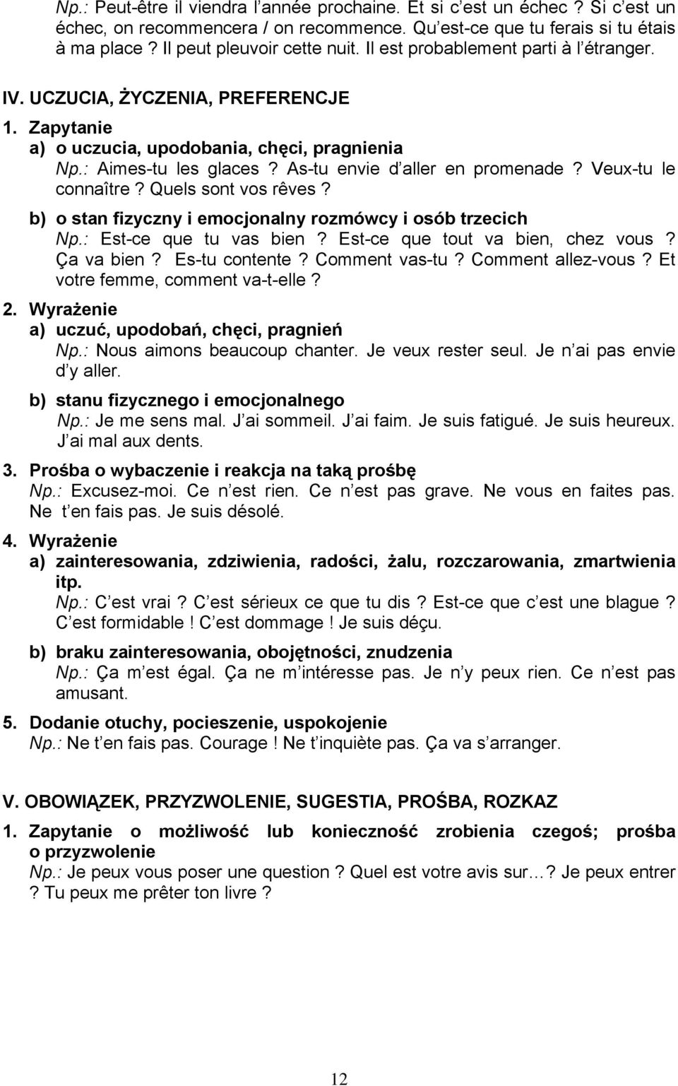 Veux-tu le connaître? Quels sont vos rêves? b) o stan fizyczny i emocjonalny rozmówcy i osób trzecich Np.: Est-ce que tu vas bien? Est-ce que tout va bien, chez vous? Ça va bien? Es-tu contente?