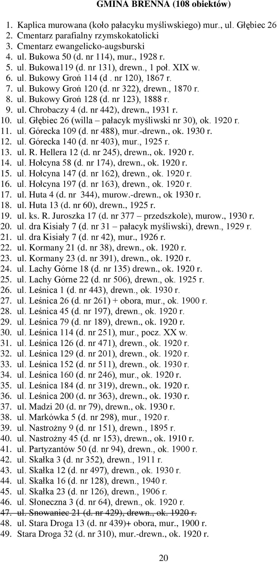 nr 123), 1888 r. 9. ul. Chrobaczy 4 (d. nr 442), drewn., 1931 r. 10. ul. Głębiec 26 (willa pałacyk myśliwski nr 30), ok. 1920 r. 11. ul. Górecka 109 (d. nr 488), mur.-drewn., ok. 1930 r. 12. ul. Górecka 140 (d.