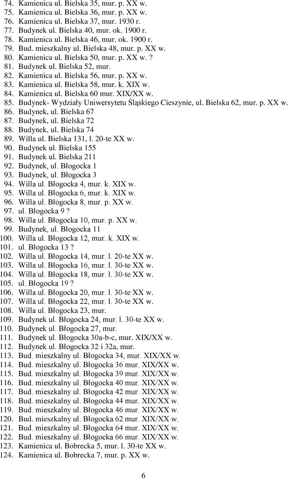 Kamienica ul. Bielska 58, mur. k. XIX w. 84. Kamienica ul. Bielska 60 mur. XIX/XX w. 85. Budynek- Wydziały Uniwersytetu Śląskiego Cieszynie, ul. Bielska 62, mur. p. XX w. 86. Budynek, ul.