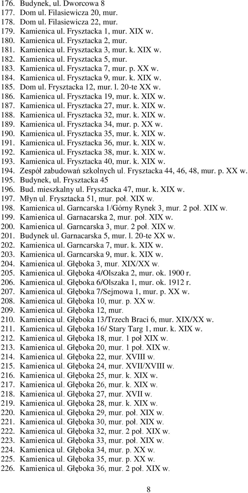 Kamienica ul. Frysztacka 19, mur. k. XIX w. 187. Kamienica ul. Frysztacka 27, mur. k. XIX w. 188. Kamienica ul. Frysztacka 32, mur. k. XIX w. 189. Kamienica ul. Frysztacka 34, mur. p. XX w. 190.