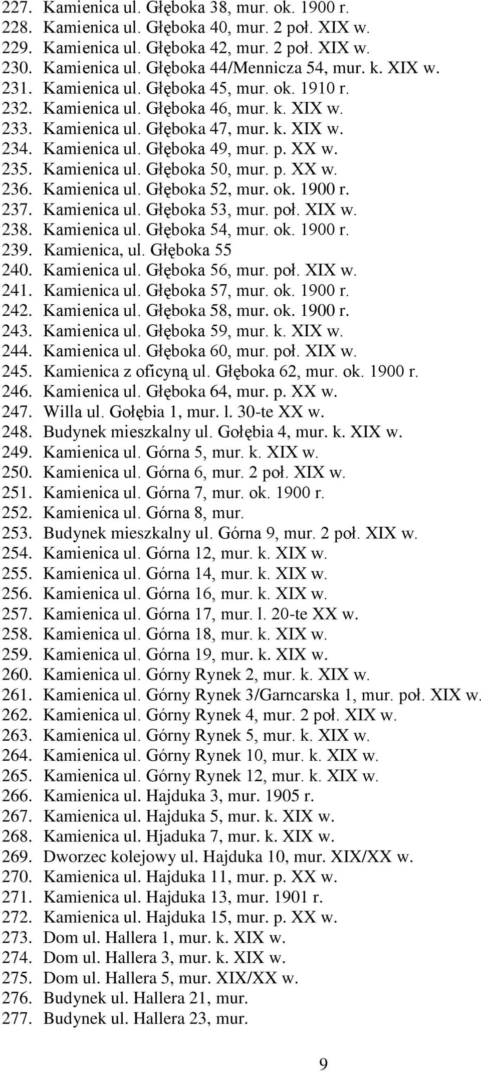 Kamienica ul. Głęboka 50, mur. p. XX w. 236. Kamienica ul. Głęboka 52, mur. ok. 1900 r. 237. Kamienica ul. Głęboka 53, mur. poł. XIX w. 238. Kamienica ul. Głęboka 54, mur. ok. 1900 r. 239.