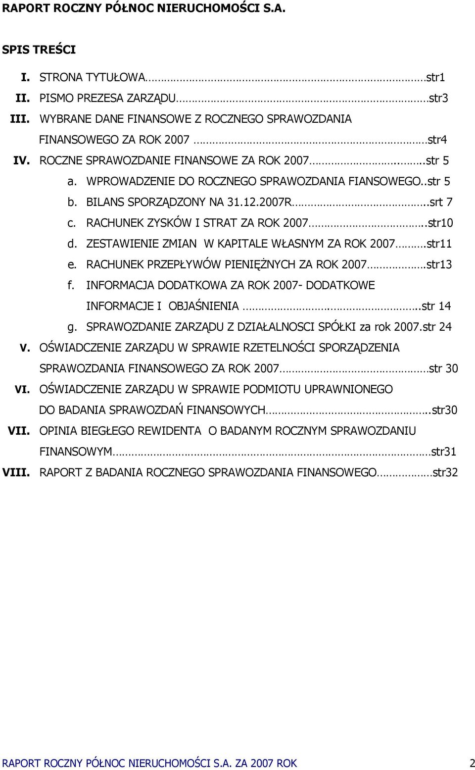 .str10 d. ZESTAWIENIE ZMIAN W KAPITALE WŁASNYM ZA ROK 2007.str11 e. RACHUNEK PRZEPŁYWÓW PIENIĘśNYCH ZA ROK 2007.str13 f. INFORMACJA DODATKOWA ZA ROK 2007- DODATKOWE INFORMACJE I OBJAŚNIENIA...str 14 g.