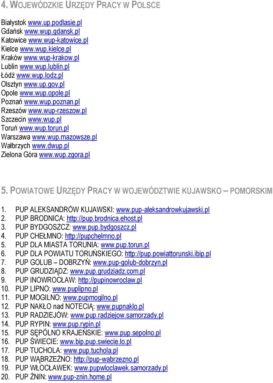 pl Wałbrzych www.dwup.pl Zielona Góra www.wup.zgora.pl 5. POWIATOWE URZĘDY PRACY W WOJEWÓDZTWIE KUJAWSKO POMORSKIM 1. PUP ALEKSANDRÓW KUJAWSKI: www.pup-aleksandrowkujawski.pl 2.