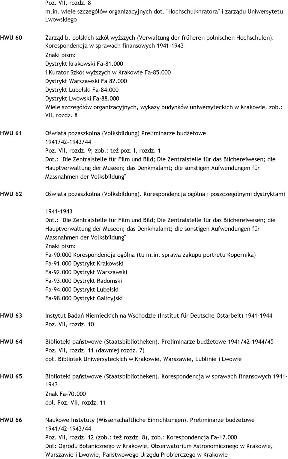 000 i Kurator Szkół wyŝszych w Krakowie Fa-85.000 Dystrykt Warszawski Fa 82.000 Dystrykt Lubelski Fa-84.000 Dystrykt Lwowski Fa-88.