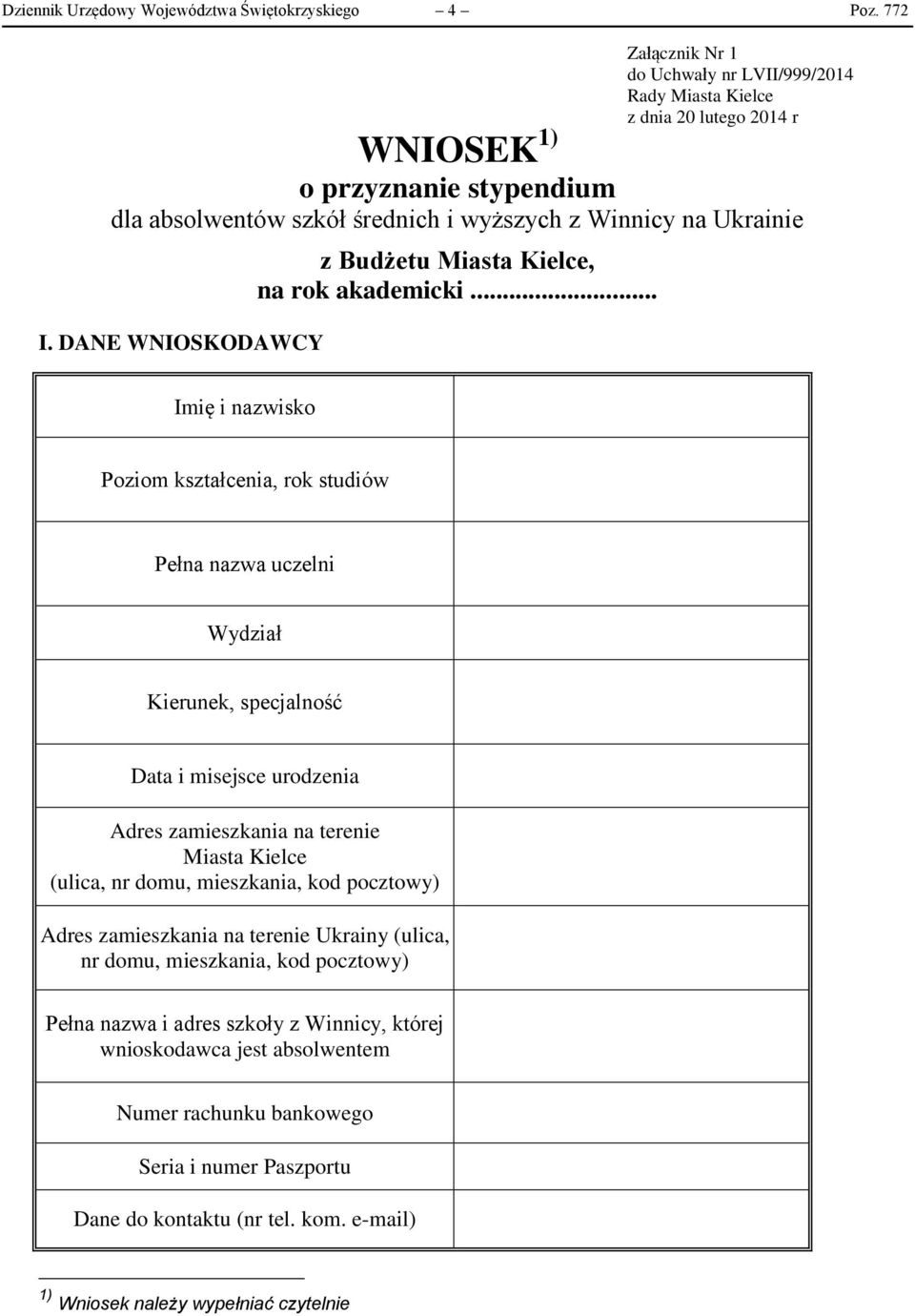 DANE WNIOSKODAWCY z Budżetu Miasta Kielce, na rok akademicki.