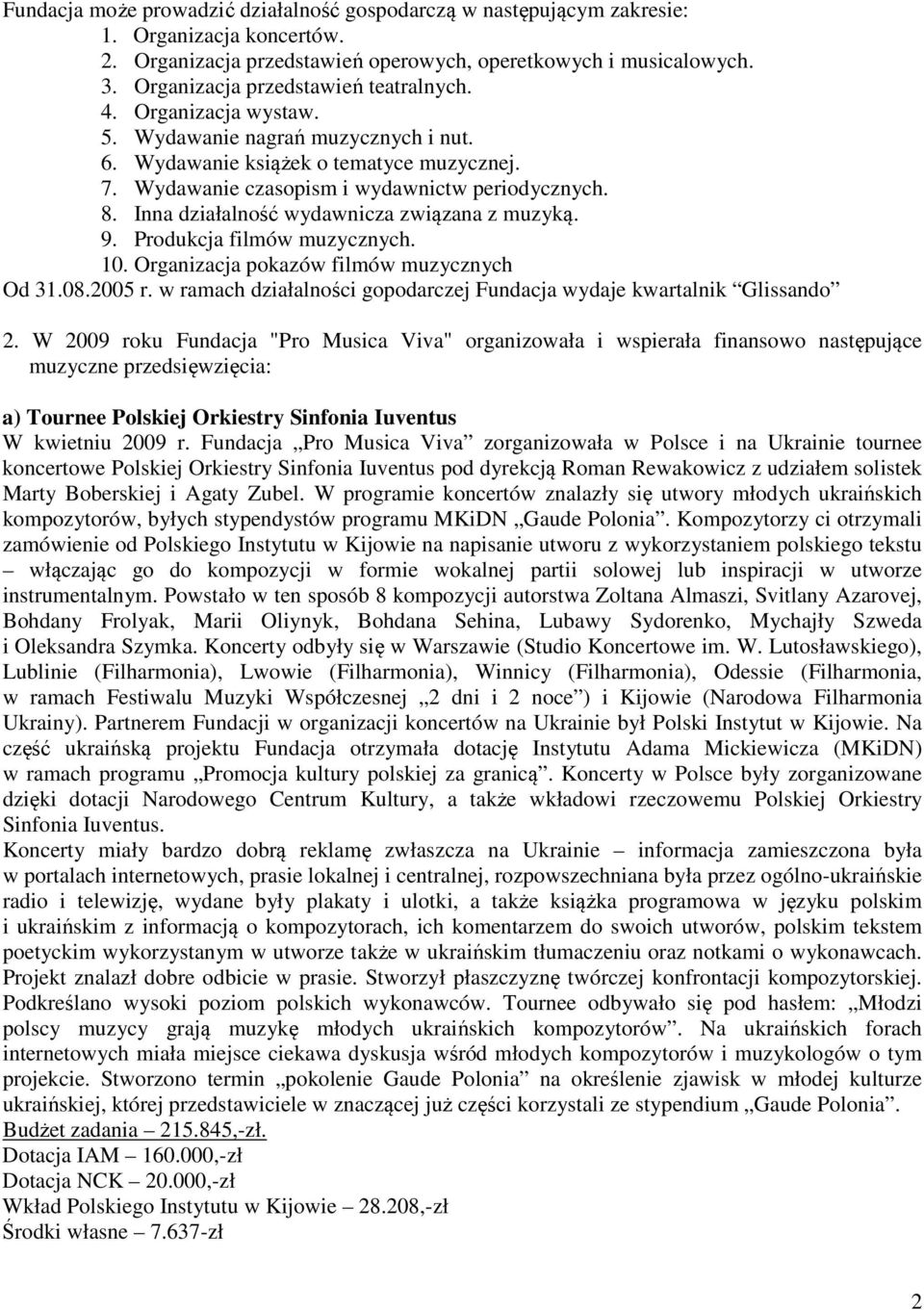 Inna działalność wydawnicza związana z muzyką. 9. Produkcja filmów muzycznych. 10. Organizacja pokazów filmów muzycznych Od 31.08.2005 r.