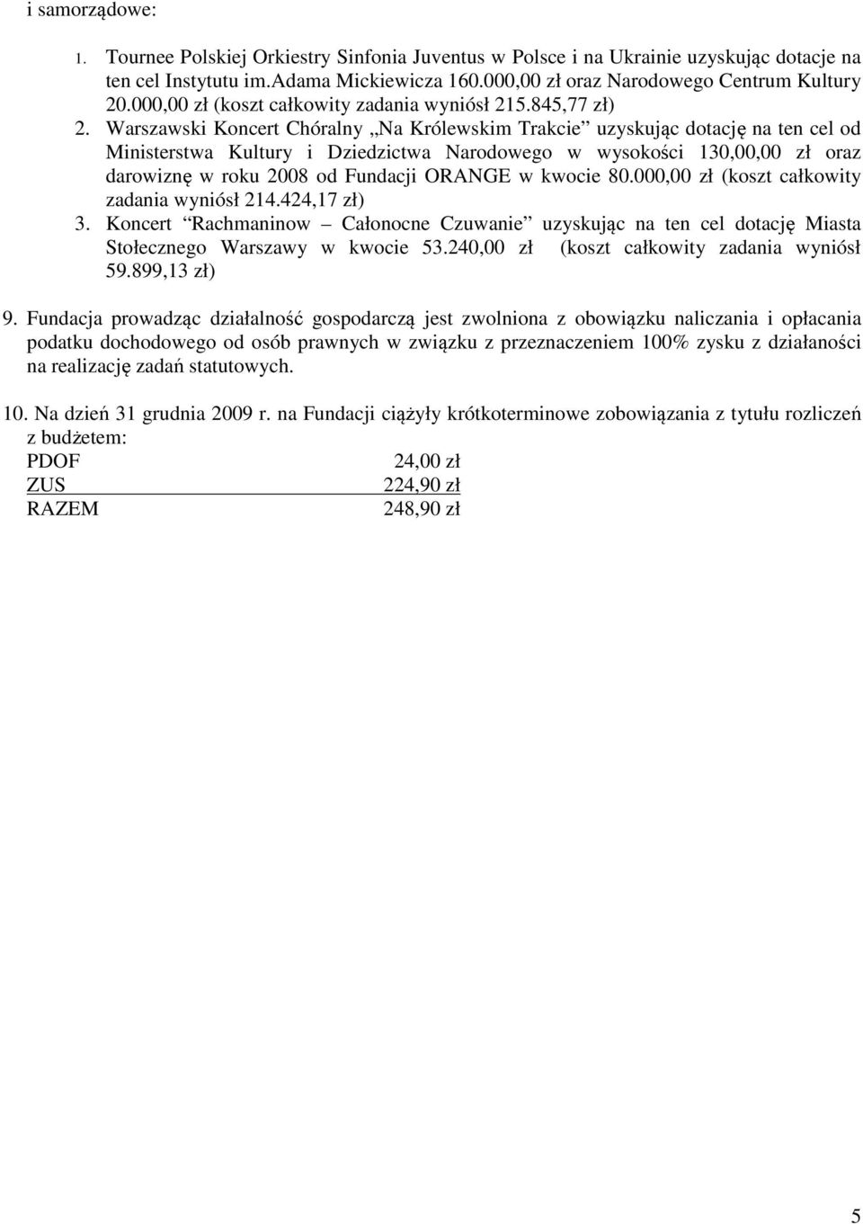 Warszawski Koncert Chóralny Na Królewskim Trakcie uzyskując dotację na ten cel od Ministerstwa Kultury i Dziedzictwa Narodowego w wysokości 130,00,00 zł oraz darowiznę w roku 2008 od Fundacji ORANGE