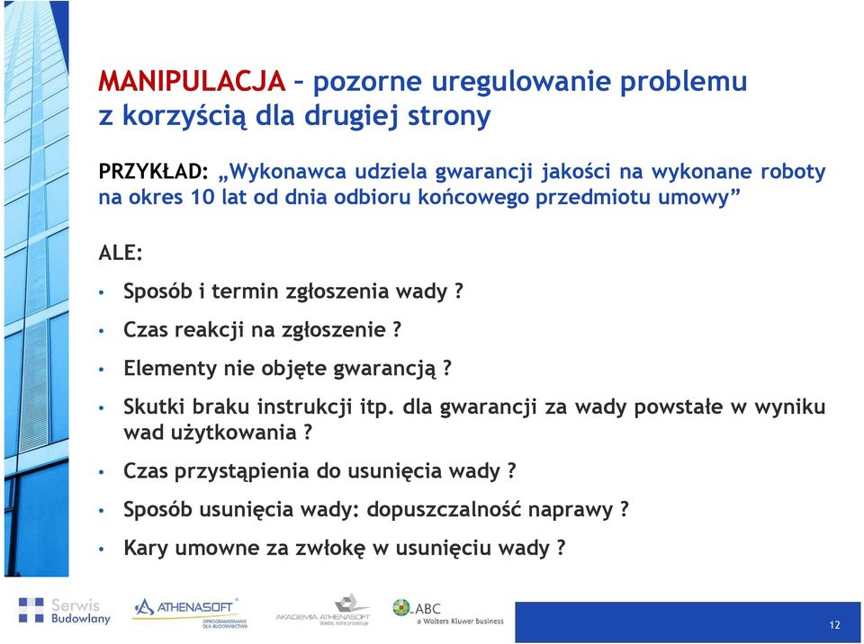 Czas reakcji na zgłoszenie? Elementy nie objęte gwarancją? Skutki braku instrukcji itp.