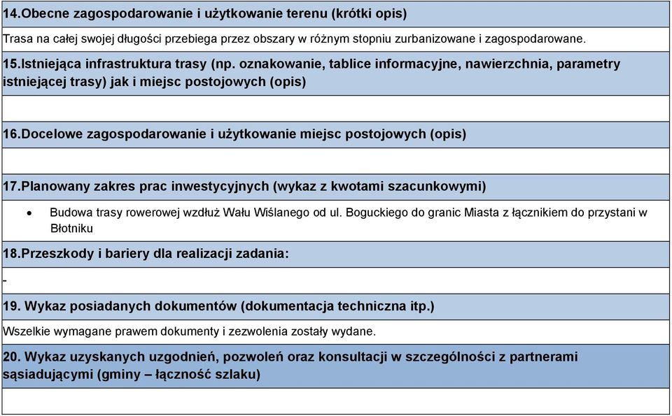 Docelowe zagospodarowanie i użytkowanie miejsc postojowych (opis) 17.Planowany zakres prac inwestycyjnych (wykaz z kwotami szacunkowymi) Budowa trasy rowerowej wzdłuż Wału Wiślanego od ul.