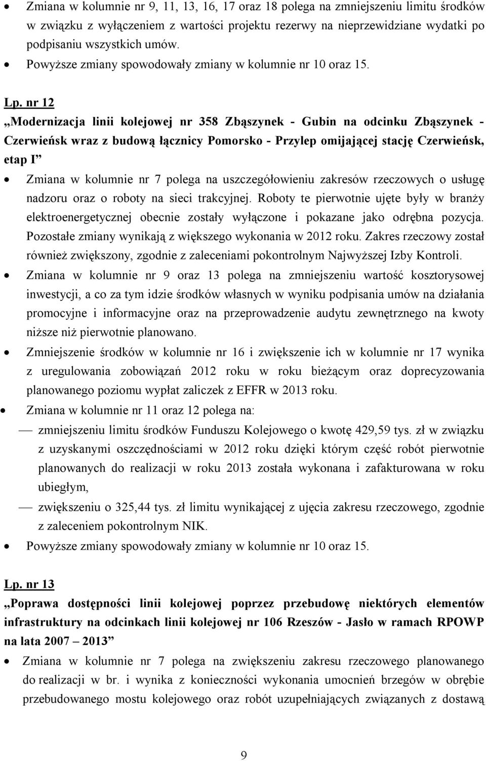 nr 12 Modernizacja linii kolejowej nr 358 Zbąszynek - Gubin na odcinku Zbąszynek - Czerwieńsk wraz z budową łącznicy Pomorsko - Przylep omijającej stację Czerwieńsk, etap I Zmiana w kolumnie nr 7