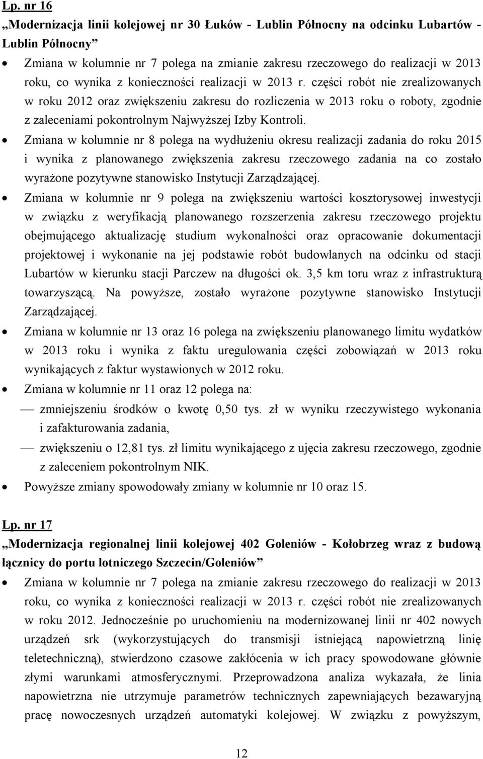 części robót nie zrealizowanych w roku 2012 oraz zwiększeniu zakresu do rozliczenia w 2013 roku o roboty, zgodnie z zaleceniami pokontrolnym Najwyższej Izby Kontroli.