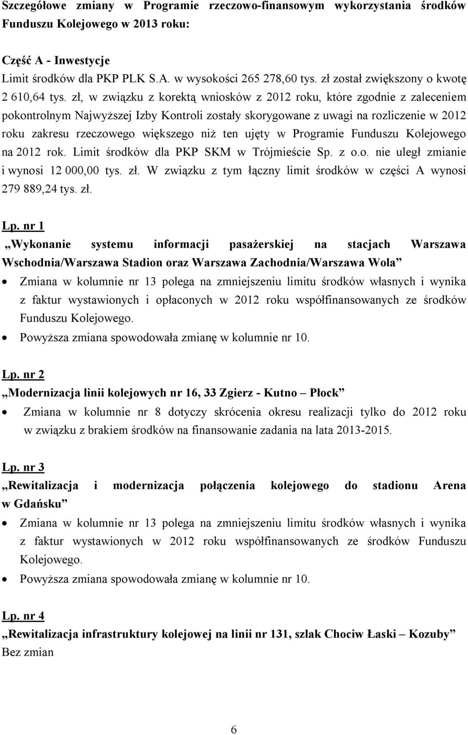 zł, w związku z korektą wniosków z 2012 roku, które zgodnie z zaleceniem pokontrolnym Najwyższej Izby Kontroli zostały skorygowane z uwagi na rozliczenie w 2012 roku zakresu rzeczowego większego niż