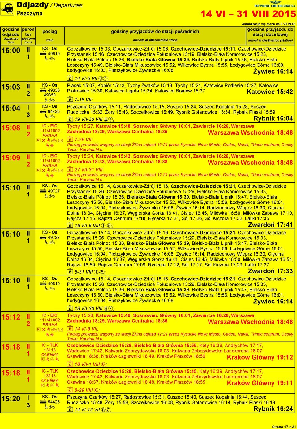 Przystanek 5:6, Czechowice-Dziedzice Południowe 5:9, Bielsko-Biała Komorowice 5:, Bielsko-Biała Północ 5:6, Bielsko-Biała Główna 5:9, Bielsko-Biała Lipnik 5:46, Bielsko-Biała Leszczyny 5:49,