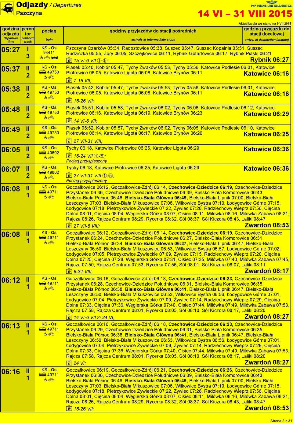 Gotartowice 06:7, Rybnik Piaski 06: ~ 5 VI-6 VII -5; Rybnik 06:7 Piasek 05:40, Kobiór 05:47, Tychy Żwaków 05:5, Tychy 05:56, Katowice Podlesie 06:0, Katowice Piotrowice 06:05, Katowice Ligota 06:08,