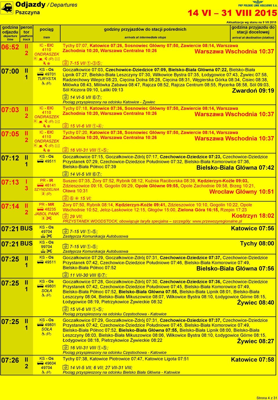 07:07, Katowice 07:6, Sosnowiec Główny 07:50, Zawiercie 08:4, Warszawa Zachodnia 0:0, Warszawa Centralna 0:6 Warszawa Wschodnia 0:7 ~ 7-5 VII -5; Goczałkowice 07:0, Czechowice-Dziedzice 07:09,