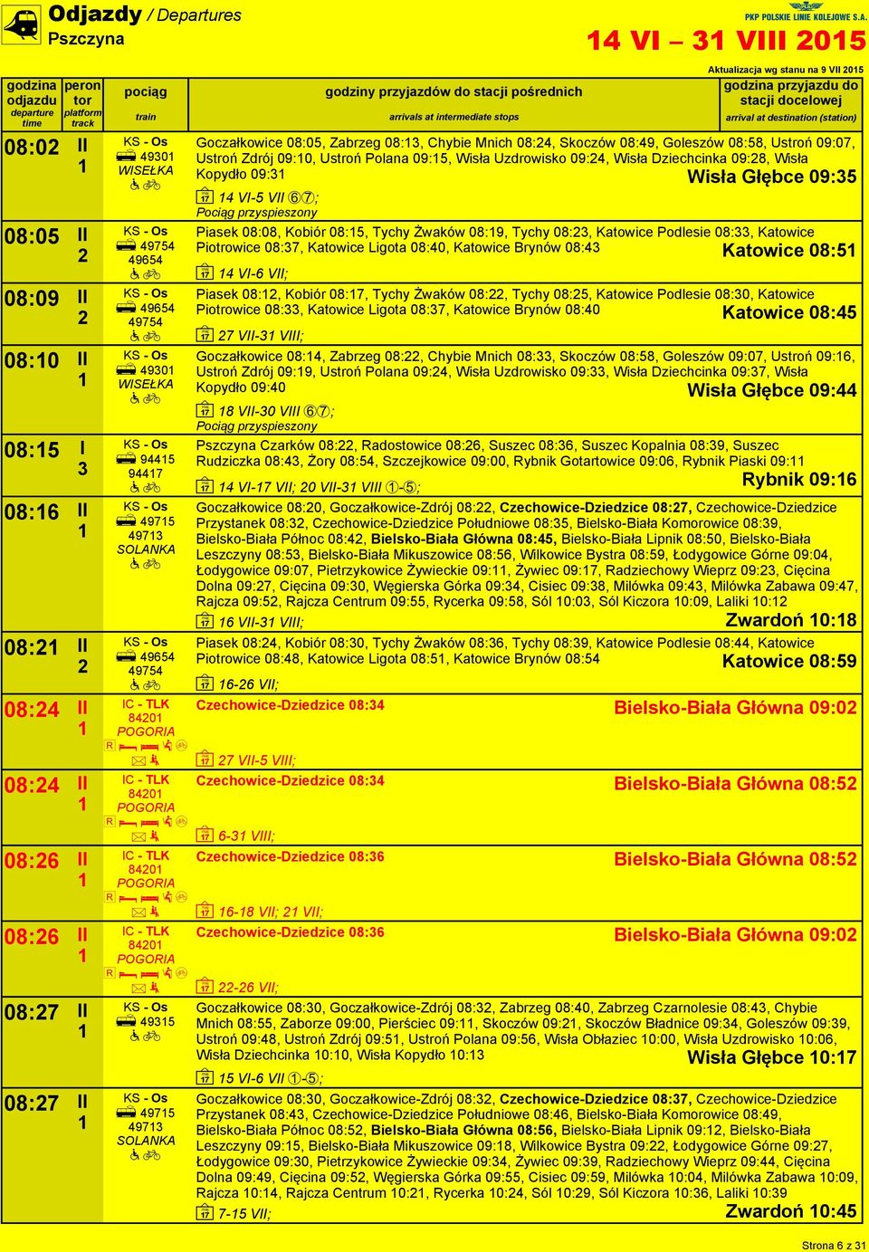 przyjazdu do Goczałkowice 08:05, Zabrzeg 08:, Chybie Mnich 08:4, Skoczów 08:49, Goleszów 08:58, Ustroń 09:07, Ustroń Zdrój 09:0, Ustroń Polana 09:5, Wisła Uzdrowisko 09:4, Wisła Dziechcinka 09:8,