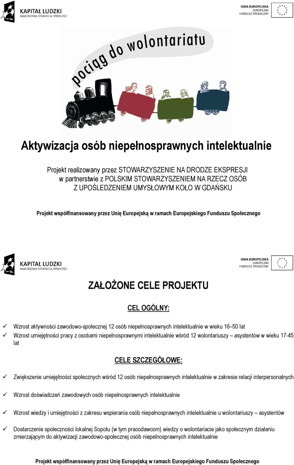 intelektualnie wśród 12 wolontariuszy asystentów w wieku 17-45 lat CELE SZCZEGÓŁOWE: Zwiększenie umiejętności społecznych wśród 12 osób niepełnosprawnych intelektualnie w zakresie relacji