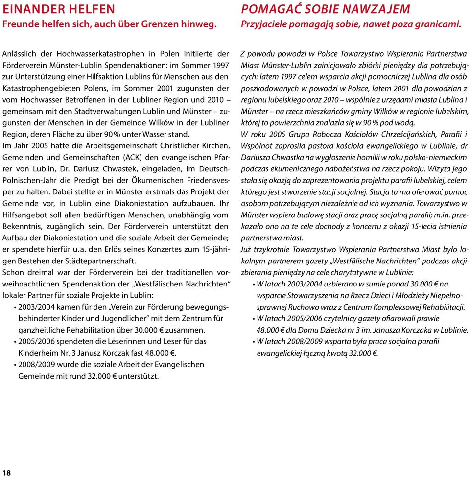 Katastrophengebieten Polens, im Sommer 2001 zugunsten der vom Hochwasser Betroffenen in der Lubliner Region und 2010 gemeinsam mit den Stadtverwaltungen Lublin und Münster zugunsten der Menschen in