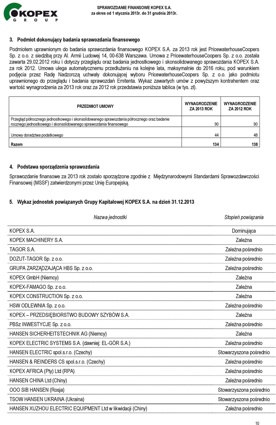 Umowa ulega automatycznemu przedłużeniu na kolejne lata, maksymalnie do 2016 roku, pod warunkiem podjęcia przez Radę Nadzorczą uchwały dokonującej wyboru PricewaterhouseCoopers Sp. z o.o. jako podmiotu uprawnionego do przeglądu i badania sprawozdań Emitenta.