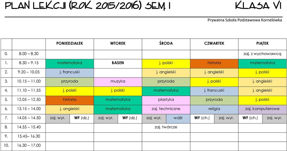 francuski j. angielski 5. 12.05 12.50 historia matematyka plastyka przyroda j. polski 6. 13.15 14.00 j. angielski matematyka zaj.