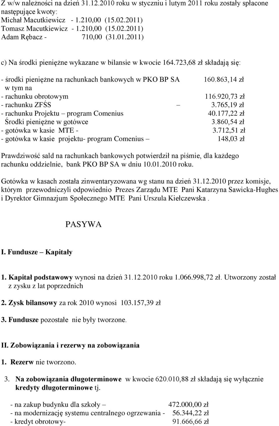 920,73 zł - rachunku ZFŚS 3.765,19 zł - rachunku Projektu program Comenius 40.177,22 zł Środki pieniężne w gotówce 3.860,54 zł - gotówka w kasie MTE - 3.
