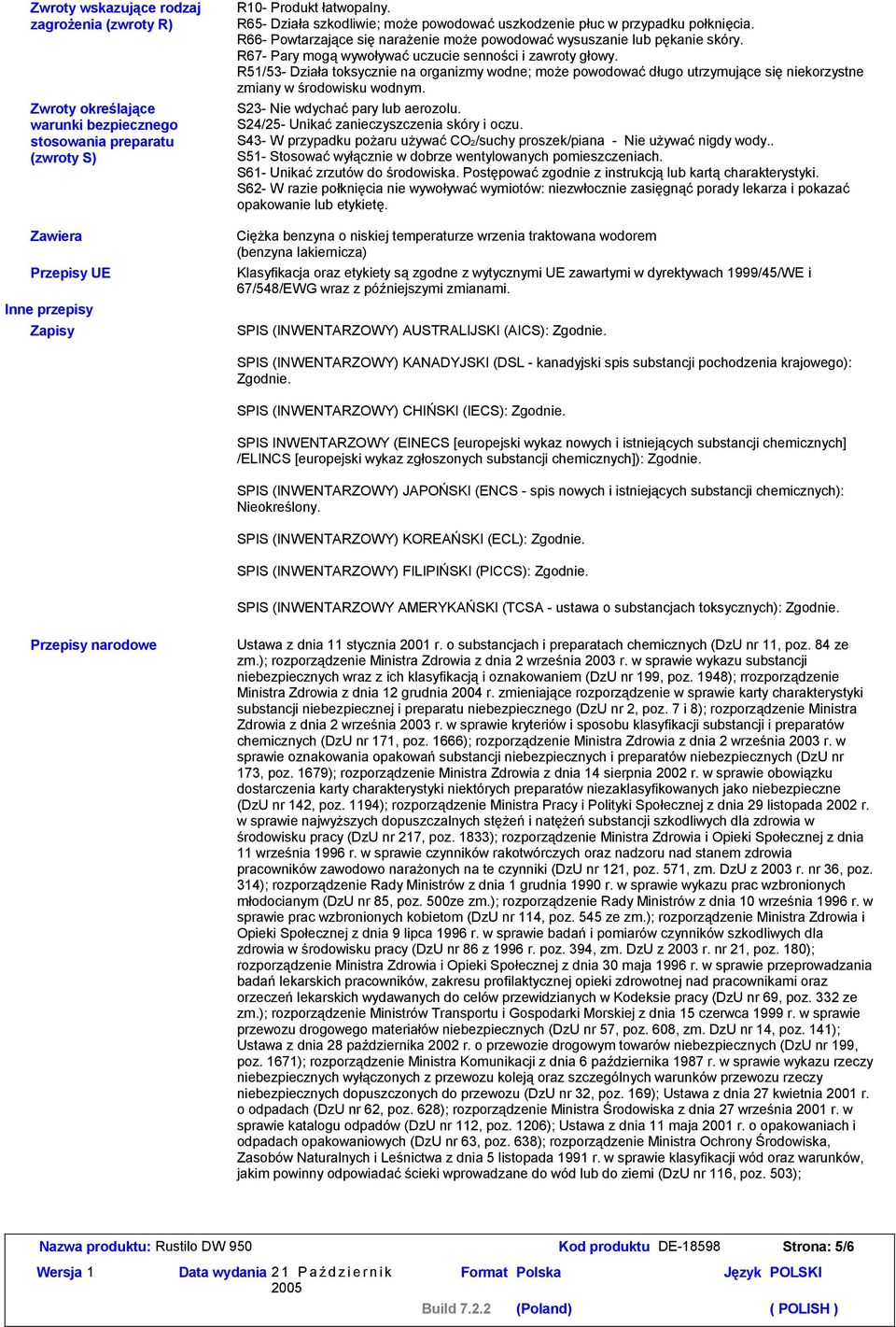 R67- Pary mogąwywoływaćuczucie senności i zawroty głowy. R51/5- Działa toksycznie na organizmy wodne; może powodowaćdługo utrzymujące sięniekorzystne zmiany w środowisku wodnym.