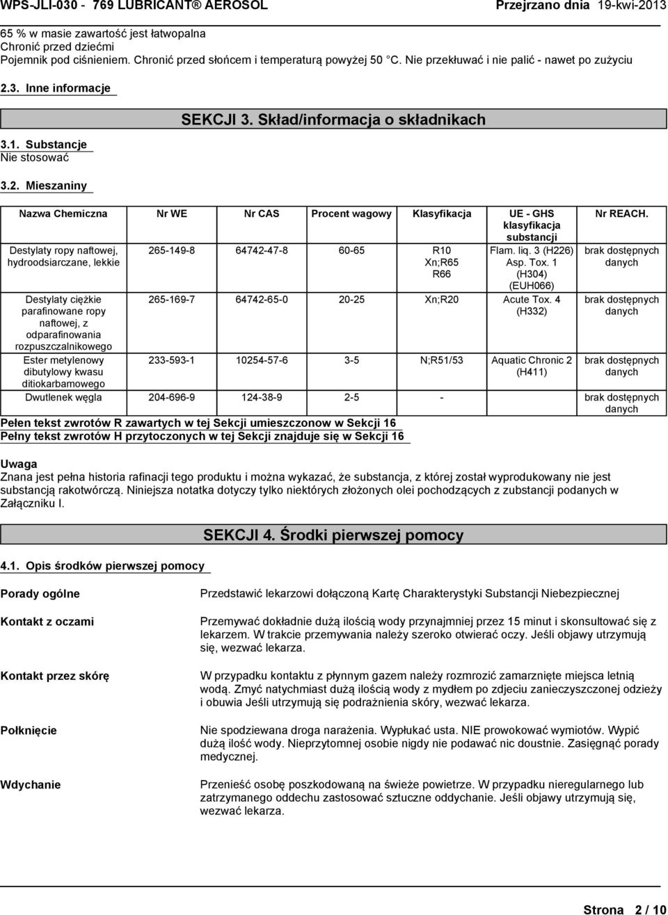 Skład/informacjaoskładnikach Procent wagowy Klasyfikacja UE - GHS klasyfikacja substancji Uwaga Znanajestpełnahistoriarafinacjitegoproduktuimożnawykazać,żesubstancja,zktórejzostałwyprodukowanyniejest