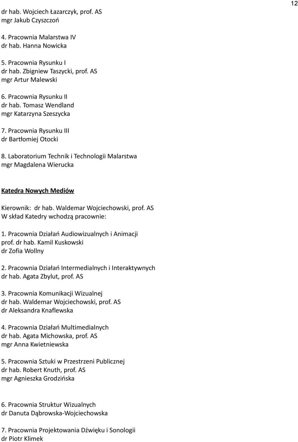 Laboratorium Technik i Technologii Malarstwa mgr Magdalena Wierucka Katedra Nowych Mediów Kierownik: dr hab. Waldemar Wojciechowski, prof. AS W skład Katedry wchodzą pracownie: 1.