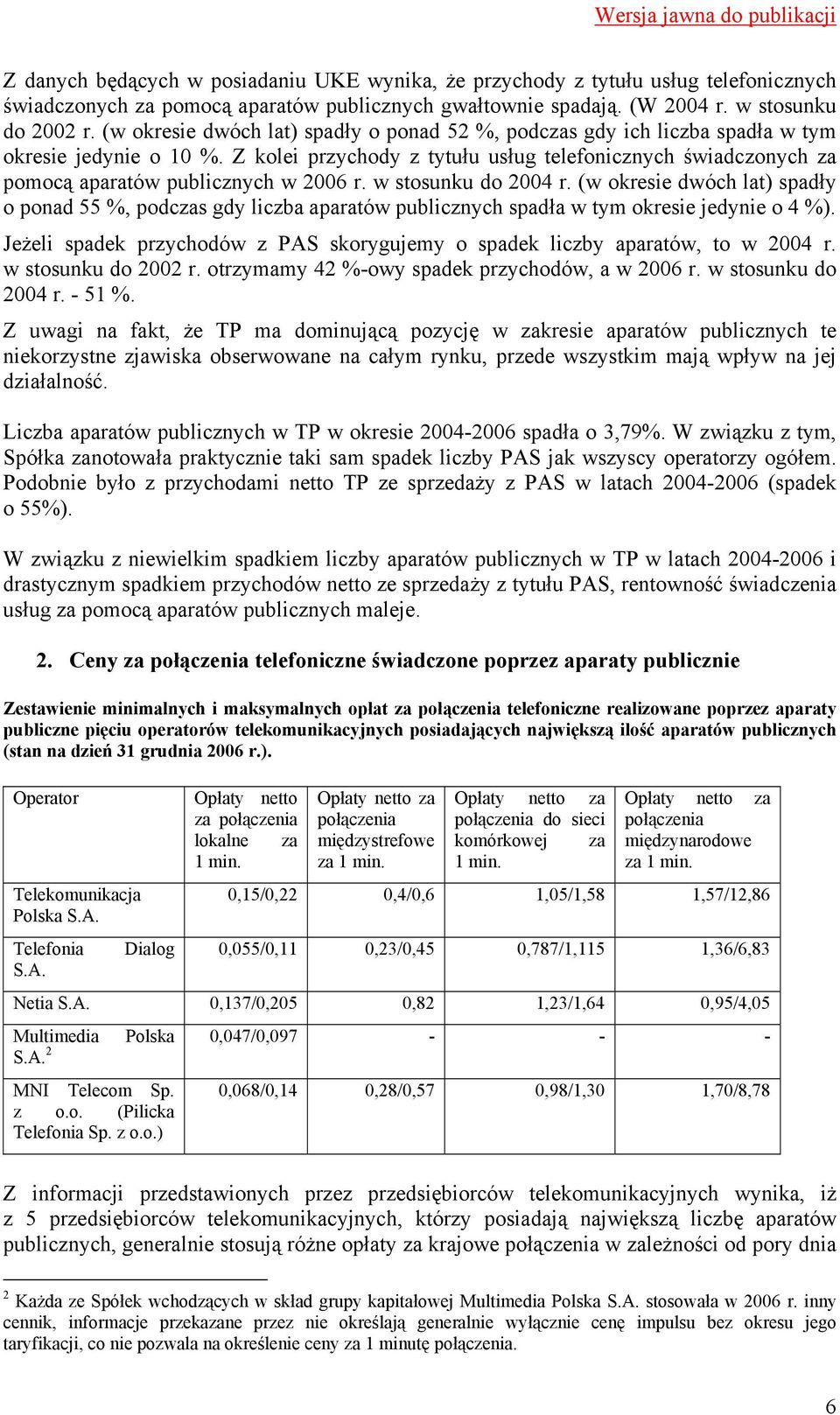 Z kolei przychody z tytułu usług telefonicznych świadczonych za pomocą aparatów publicznych w 2006 r. w stosunku do 2004 r.