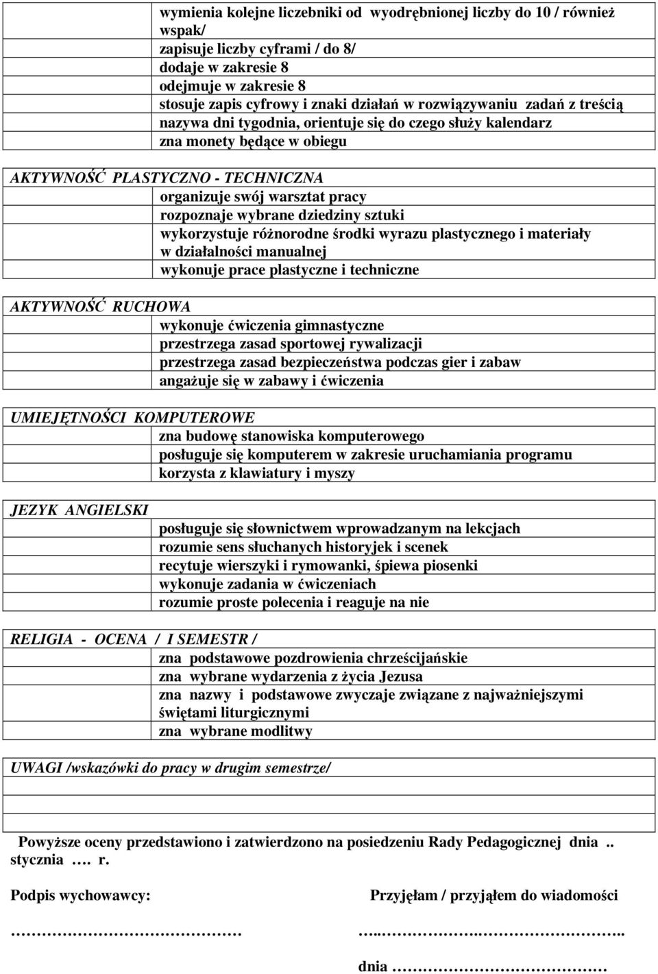 wybrane dziedziny sztuki wykorzystuje róŝnorodne środki wyrazu plastycznego i materiały w działalności manualnej wykonuje prace plastyczne i techniczne AKTYWNOŚĆ RUCHOWA wykonuje ćwiczenia