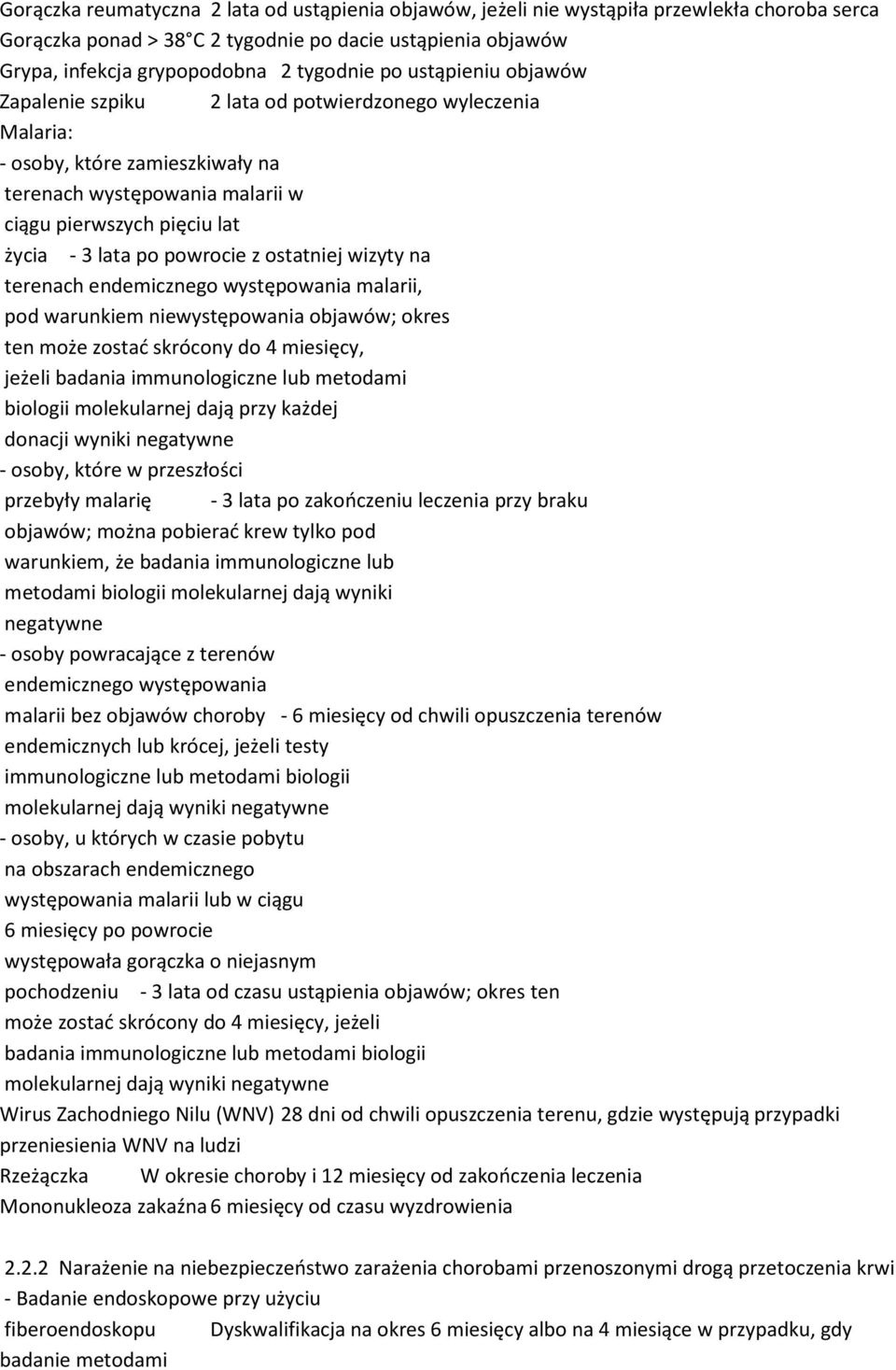 powrocie z ostatniej wizyty na terenach endemicznego występowania malarii, pod warunkiem niewystępowania objawów; okres ten może zostać skrócony do 4 miesięcy, jeżeli badania immunologiczne lub