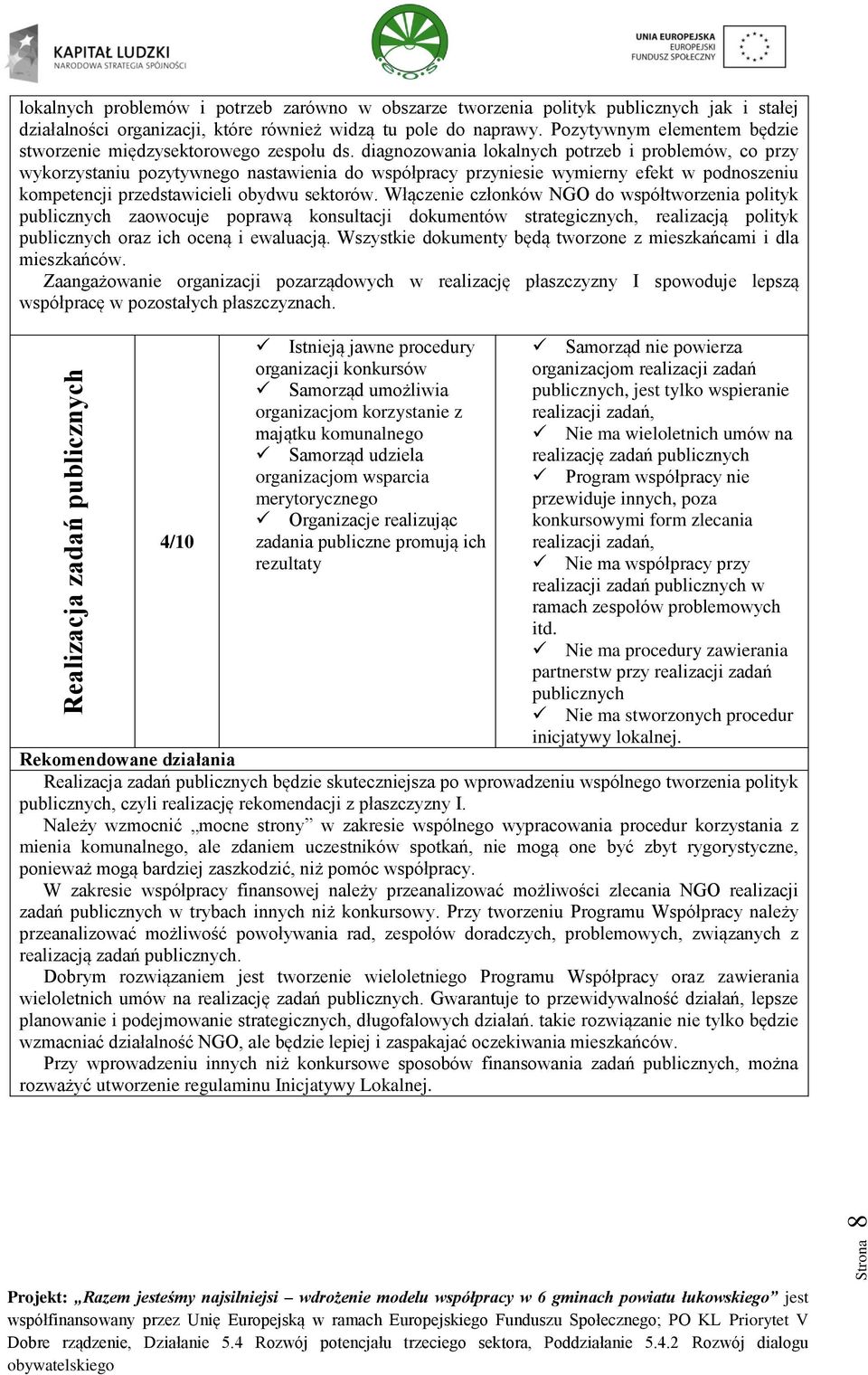 diagnozowania lokalnych potrzeb i problemów, co przy wykorzystaniu pozytywnego nastawienia do współpracy przyniesie wymierny efekt w podnoszeniu kompetencji przedstawicieli obydwu sektorów.