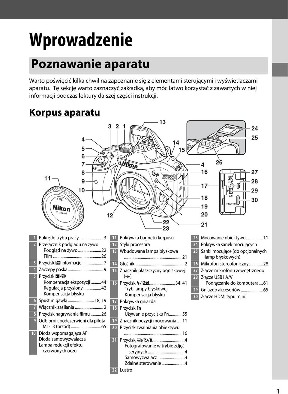 .. 3 2 Przełącznik podglądu na żywo Podgląd na żywo...22 Film...26 3 Przycisk R informacje... 7 4 Zaczepy paska... 9 5 Przycisk E/N Kompensacja ekspozycji...44 Regulacja przysłony.