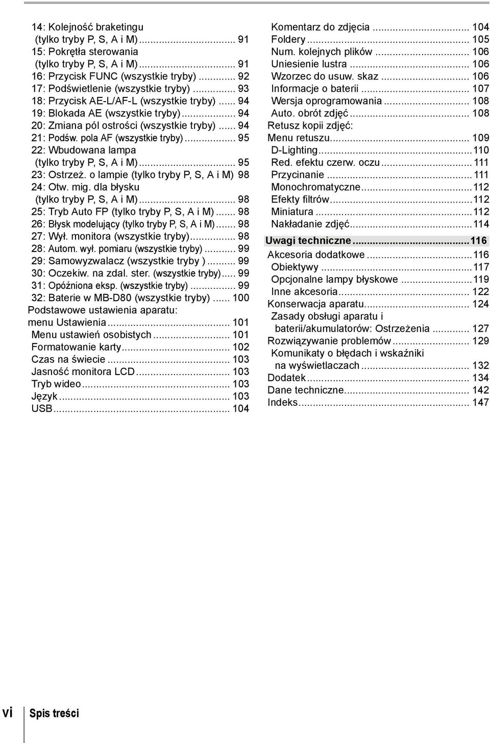 .. 95 22: Wbudowana lampa (tylko tryby P, S, A i M)... 95 23: Ostrzeż. o lampie (tylko tryby P, S, A i M) 98 24: Otw. mig. dla błysku (tylko tryby P, S, A i M).