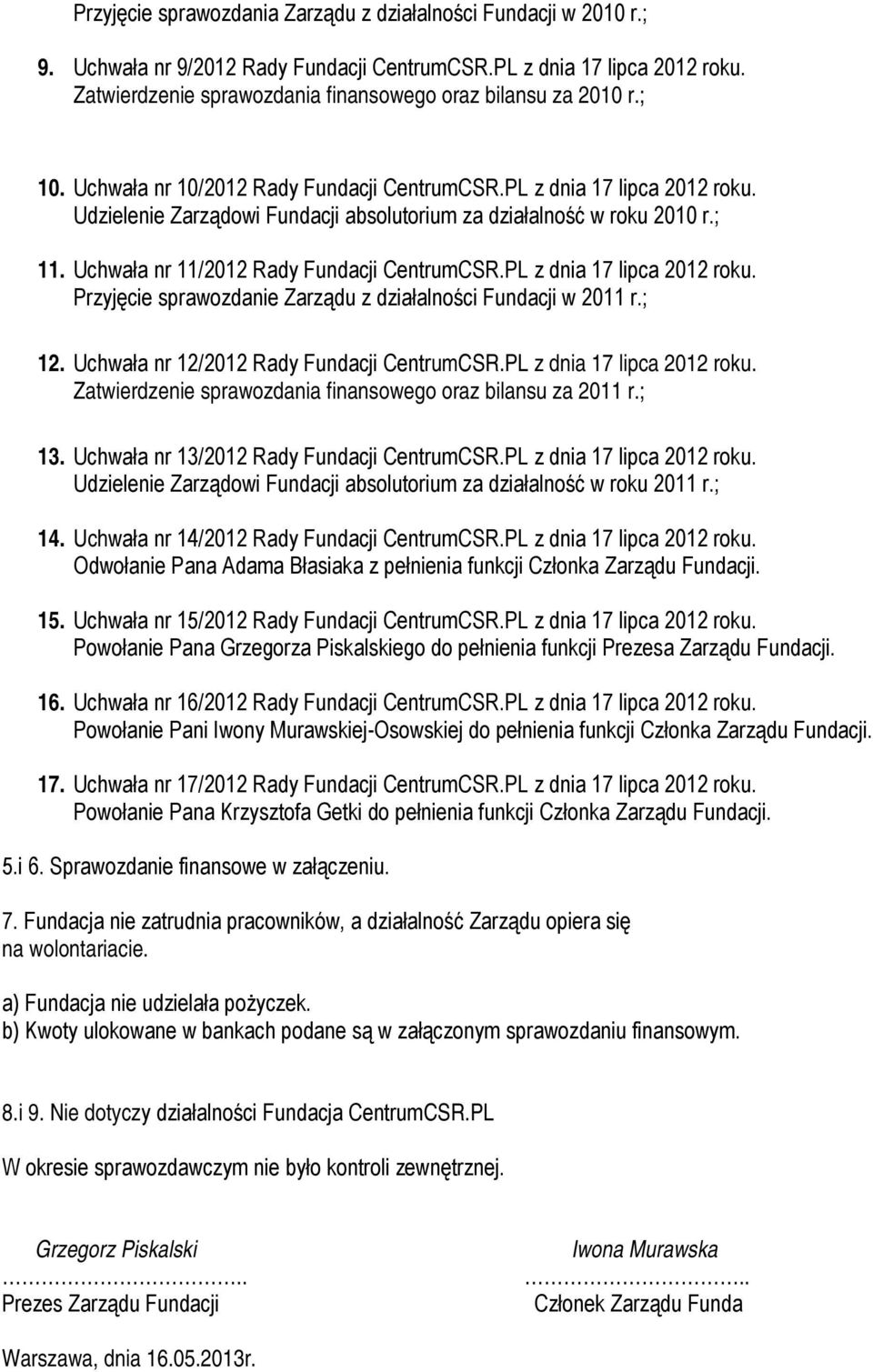Udzielenie Zarządowi Fundacji absolutorium za działalność w roku 2010 r.; 11. Uchwała nr 11/2012 Rady Fundacji CentrumCSR.PL z dnia 17 lipca 2012 roku.