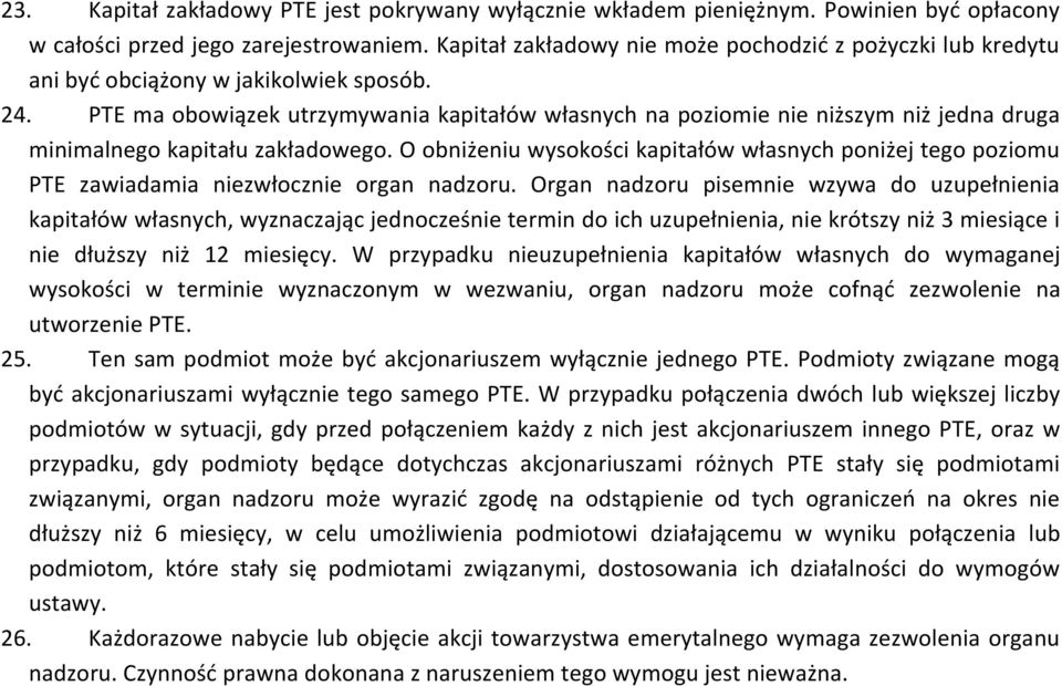 PTE ma obowiązek utrzymywania kapitałów własnych na poziomie nie niższym niż jedna druga minimalnego kapitału zakładowego.