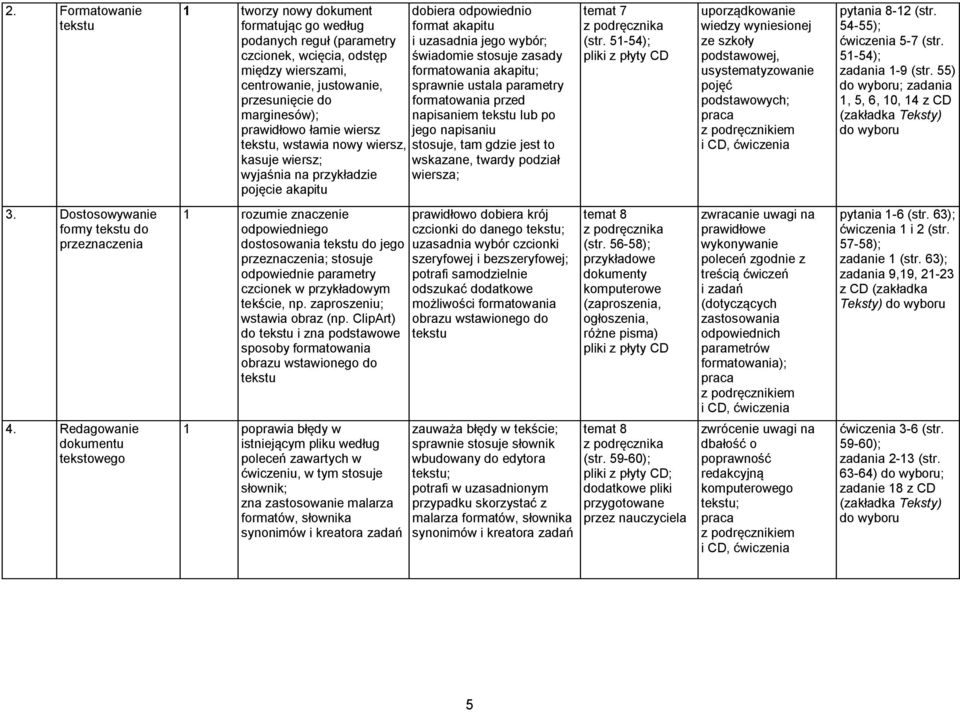jego napisaniu tekstu, wstawia nowy wiersz, stosuje, tam gdzie jest to kasuje wiersz; wyjaśnia na przykładzie wskazane, twardy podział wiersza; pojęcie akapitu temat 7 (str.