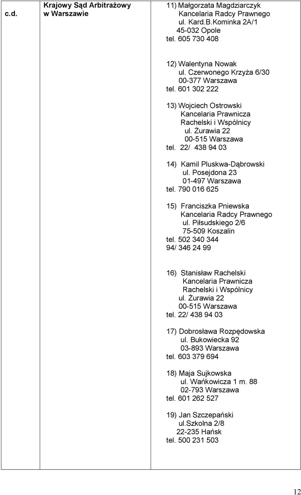 22/ 438 94 03 14) Kamil Pluskwa-Dąbrowski ul. Posejdona 23 01-497 Warszawa tel. 790 016 625 15) Franciszka Pniewska Kancelaria Radcy Prawnego ul. Piłsudskiego 2/6 75-509 Koszalin tel.