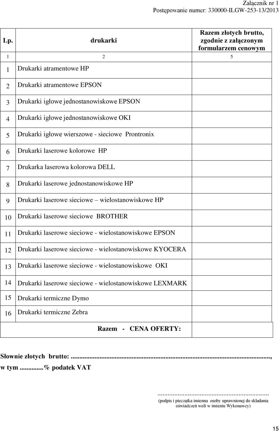 jednostanowiskowe OKI 5 Drukarki igłowe wierszowe - sieciowe Prontronix 6 Drukarki laserowe kolorowe HP 7 Drukarka laserowa kolorowa DELL 8 Drukarki laserowe jednostanowiskowe HP 9 Drukarki laserowe