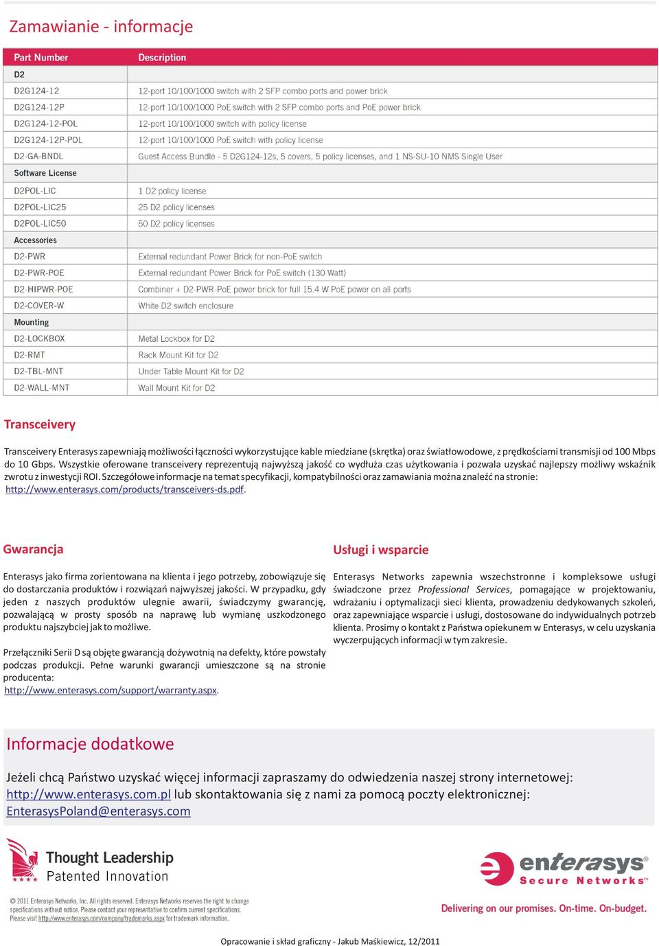 Szczegó³owe informacje na temat specyfikacji, kompatybilnoœci oraz zamawiania mo na znaleÿæ na stronie: http://www.enterasys.com/products/transceivers-ds.pdf.