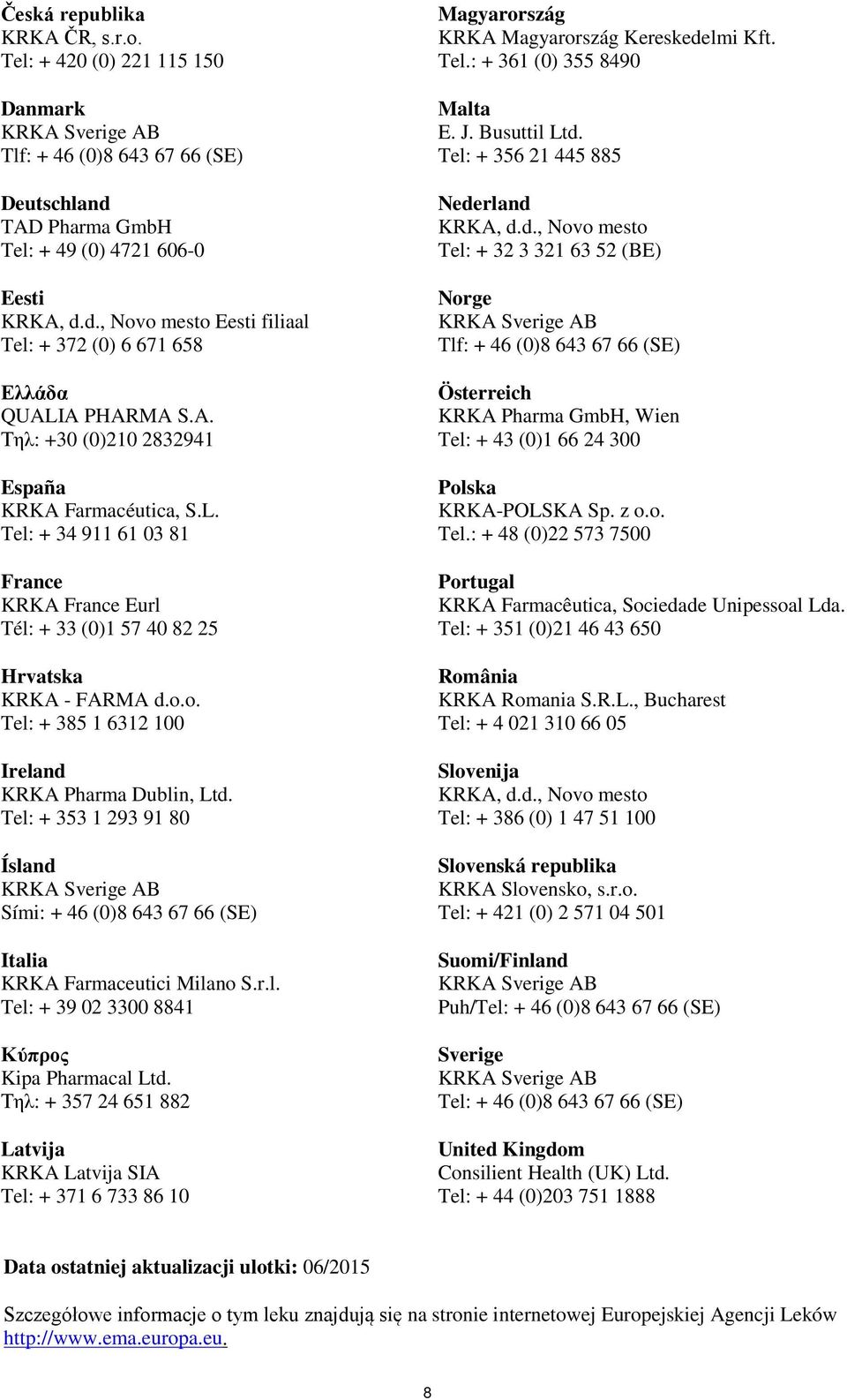 o. Tel: + 385 1 6312 100 Ireland KRKA Pharma Dublin, Ltd. Tel: + 353 1 293 91 80 Ísland Sími: + 46 (0)8 643 67 66 (SE) Italia KRKA Farmaceutici Milano S.r.l. Tel: + 39 02 3300 8841 Κύπρος Kipa Pharmacal Ltd.