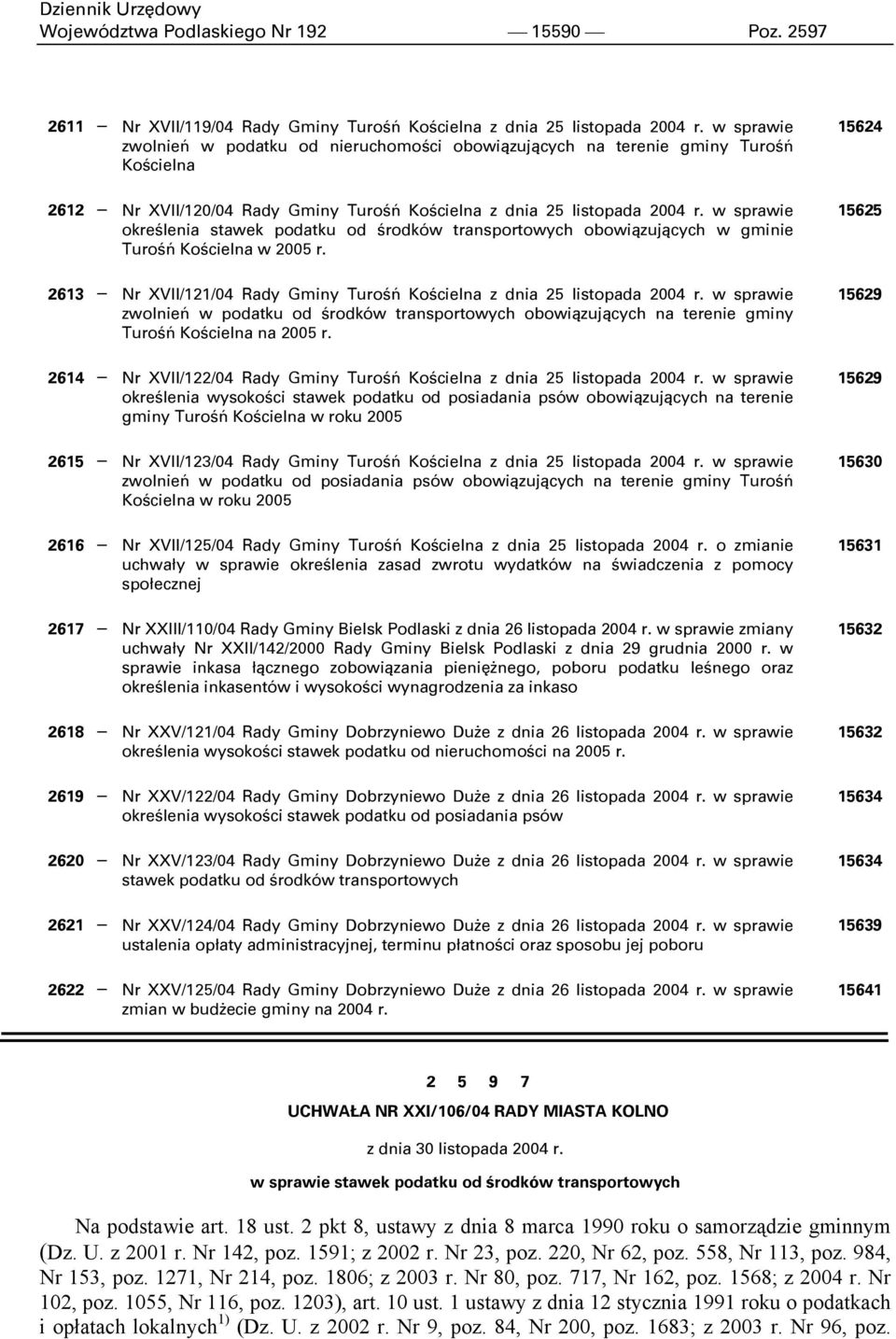 w sprawie określenia stawek podatku od środków transportowych obowiązujących w gminie Turośń Kościelna w 2005 r. 2613 Nr XVII/121/04 Rady Gminy Turośń Kościelna z dnia 25 listopada 2004 r.