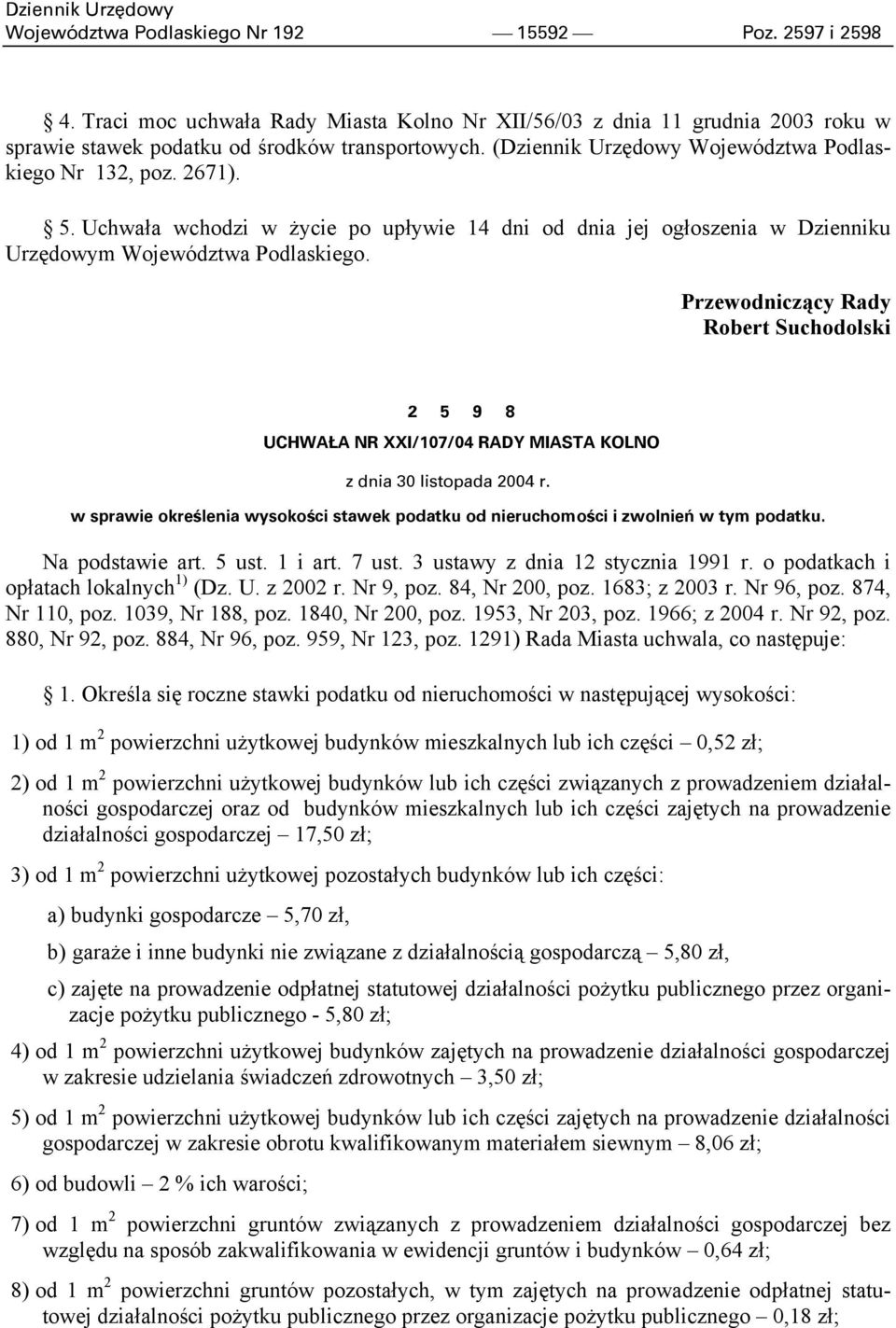 Przewodniczący Rady Robert Suchodolski 2 5 9 8 UCHWAŁA NR XXI/107/04 RADY MIASTA KOLNO z dnia 30 listopada 2004 r.