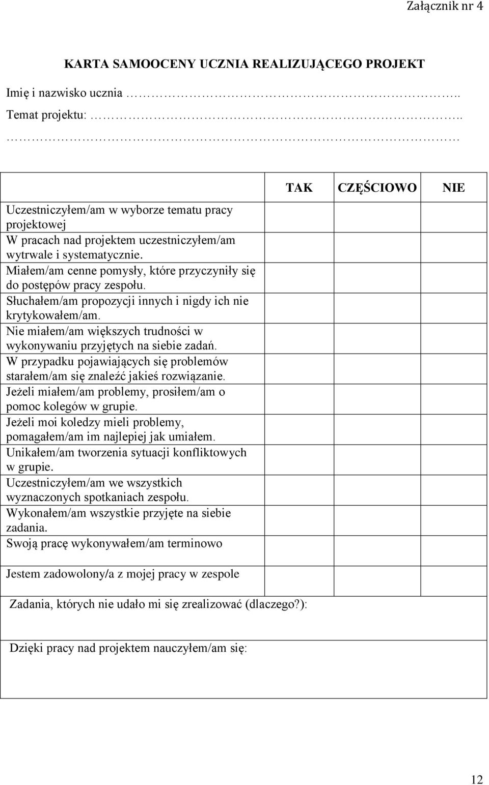 Słuchałem/am propozycji innych i nigdy ich nie krytykowałem/am. Nie miałem/am większych trudności w wykonywaniu przyjętych na siebie zadań.